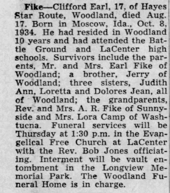 Obituary for Fike- Clifford Earl (Aged 17)